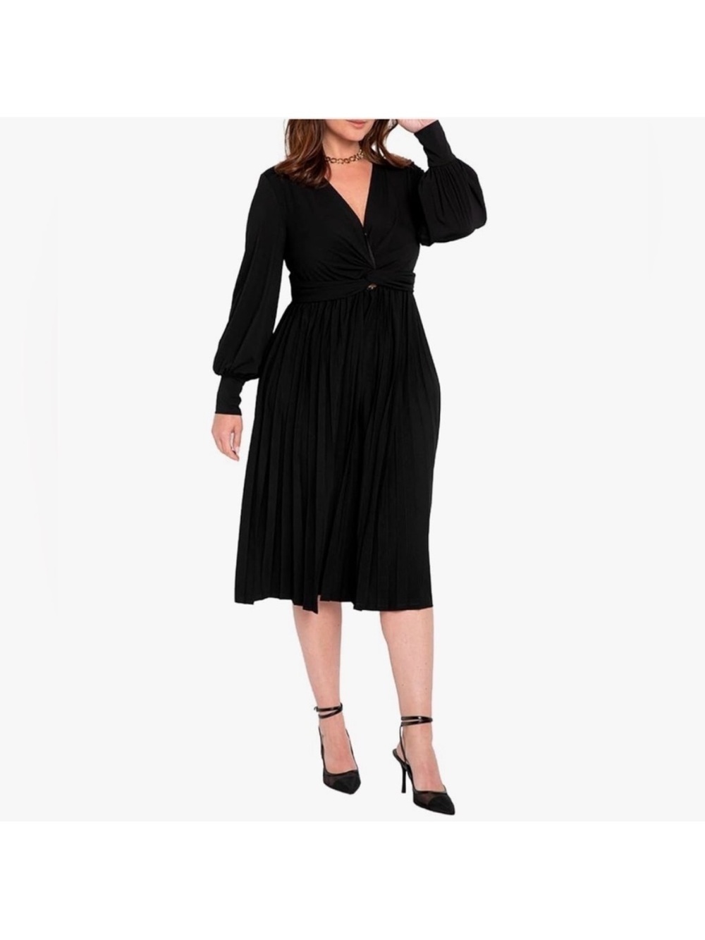 NWT Eloquii Black Long-Sleeve Twist-Knot Pleated Skirt Dress